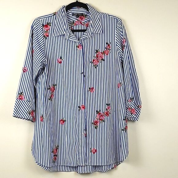 Boho Chic Striped Button Front 3/4 Sleeve Blouse Top with Floral Embroidery - Picture 1 of 10